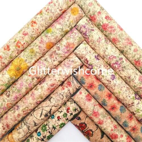 Glitterwishcome Daisy Flowers Butterfly Printed Vinyl Cork Leather Faux Fabric Sheets For Bows DIY 21X29CM GM1033A