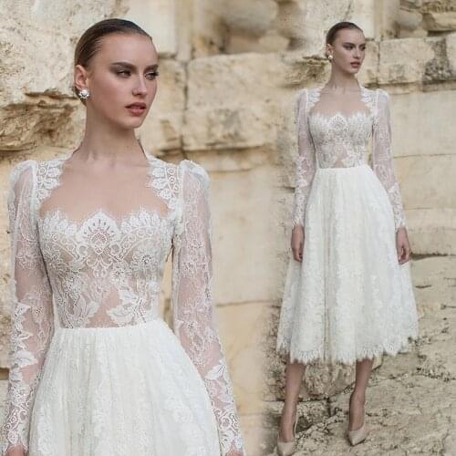 Lace Long Sleeve Short Wedding Dresses 2021 Tea-Length A-Line Elegant Bridal Party Gown For Women Square Collar Custom Made