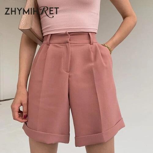 ZHYMIHRET 2021 Summer Elegant High Waist Suit Shorts Women Casual Solid Wide Leg Bermuda Shorts With Pockets