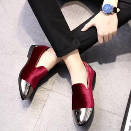 Black Red Italian Mens Velvet Loafers genuine Leather Metallic Toe Mens Shoes Gold Men Wedding dress Shoes Men Luxury Brand