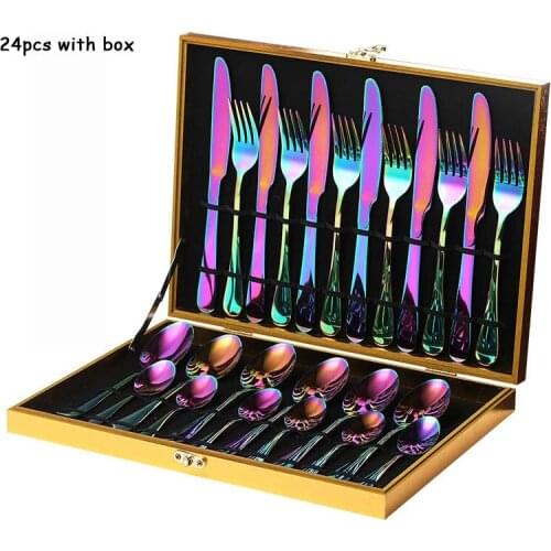 Rainbow Stainless Steel Dinnerware Set Western Cutlery Knife Fork Soup Scoop Coffee Scoop Full Set Tableware Wedding Gift Box