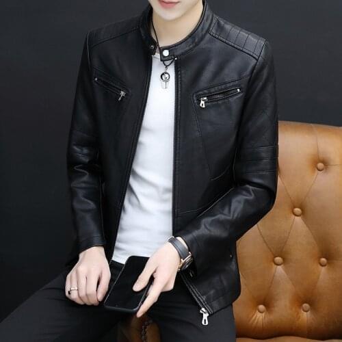 2022 Spring New Style Men Stand Collar Leather Coat Youth Handsome Locomotive plus Velvet Leather Coat 6XL