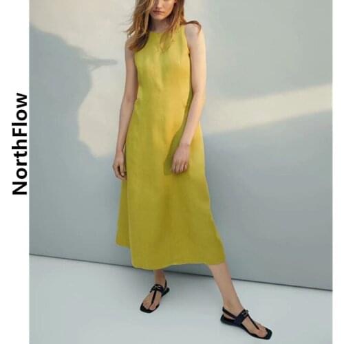 Northflow Women Dress Sleeveless Linen Solid Midi Casual O-neck De Fiesta Party Dress Vestidos Robe Femme