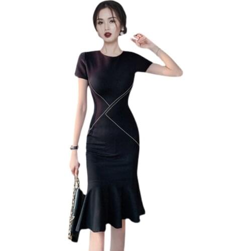 French retro maxi tight Dress one piece korean ladies Summer Short Sleeve Crew neck cabaret party office Dresses for women