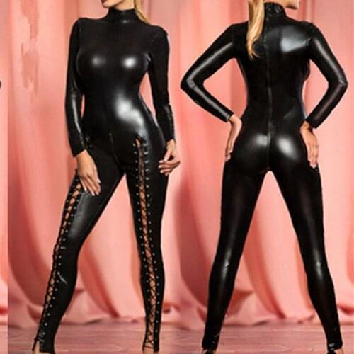 Sexy Woman Back Long Sleeves Bodysuit Jumpsuit Lace Up Leather Dancing Catsuit