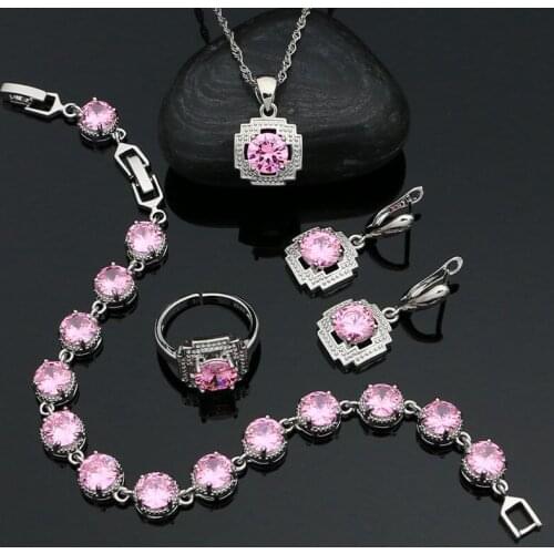Silver 925 Bridal Jewelry Set for Women Pink Cubic Zirconia Bracelet Pendant Necklace Adjustable Ring Earrings Engagement Gift