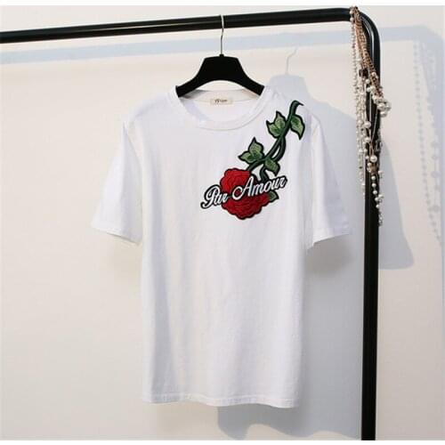 DANCING WINGS Women Short Sleeve Retro Rose Embroidery T Shirt 2020 korean Summer Loose Cotton Bottoming Shirt Ladies Tops