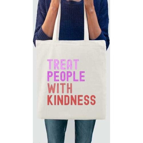 Vintage Fine Line Shoulder Bags Casual Large Capacity Sweet Canvas Bag Vintage Treat People with Kindness Tote Bag Teachers Gift