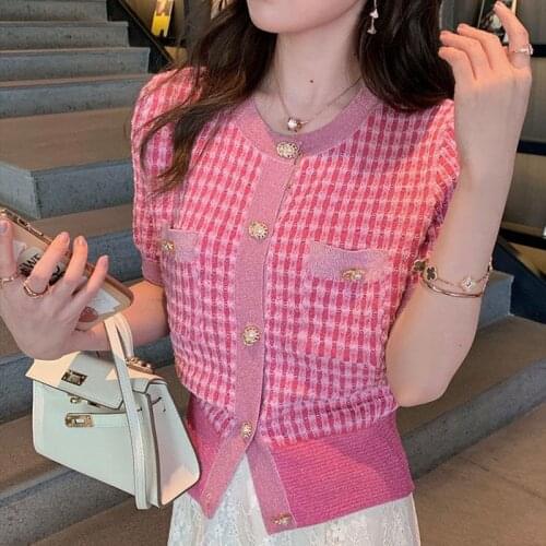 Vintage Pink Short Sleeve Knitted Cardigan Women Korean Fashion Pearl Button Cropped Tops Summer Thin Chic Crew Neck Knitwear