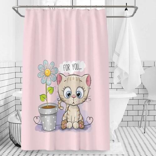 Pink Polyester Bathroom Curtains Waterproof Bath Curtain Cute Cat Animals Pattern Shower Curatins rideaux de douche T302