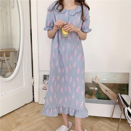Women nightgowns full cotton sleepwear summer dress home clothes print peter pan collar short sleeve nightdress vestidos Y652