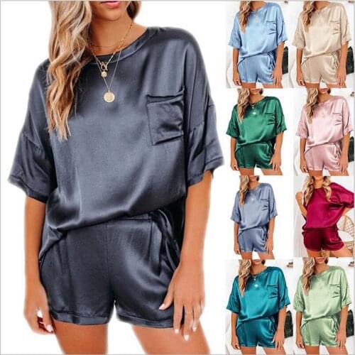 Womens pajamas housewear Pajamas Set new solid color imitation silk pajamas leisure wear short sleeve shorts pocket Two-pieces