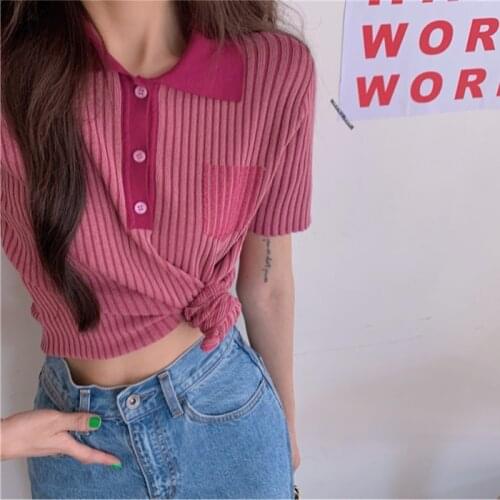 Retro Contrast Vertical Stripes Polo Collar Knitted Short-sleeved T-shirt Womens Slim Casual Top