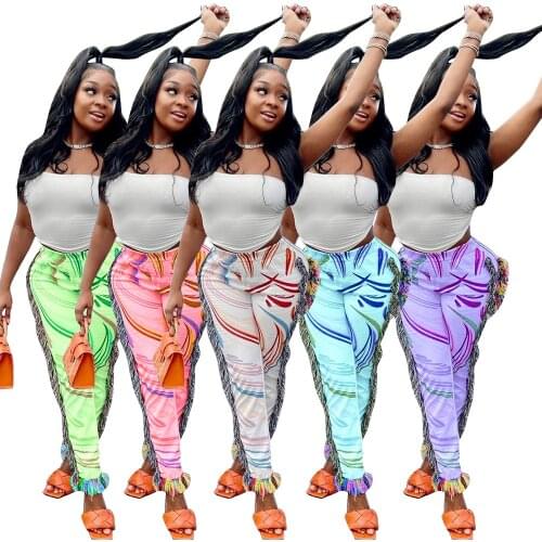 Autumn Tassel Long Pants Women Flannel Streetwear Elastic Waist Fashion Printed Trousers Back with Two Pockets 2021 Y2k Clothes