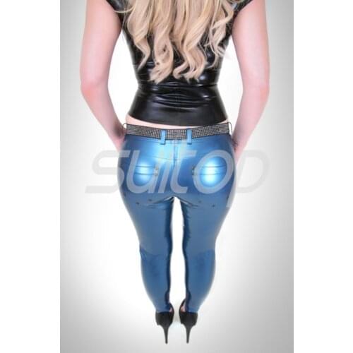 Womens Latex Rubber jeans trousers(NOT including TOP and Belts) in Metallic blue