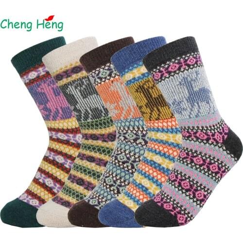 Cheng Heng New Womens Rabbit Wool Spring Winter Thick Warm Socks Soft Casual Fashion Bright 5 Color Snowflake deer pattern Sock