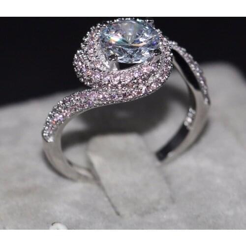 Size 5-10 Luxury Jewelry Roud Cut 925 Sterling Silver Pink&White 5A Cubic Zirconia Party Women Wedding Cute Pave Setting Ring