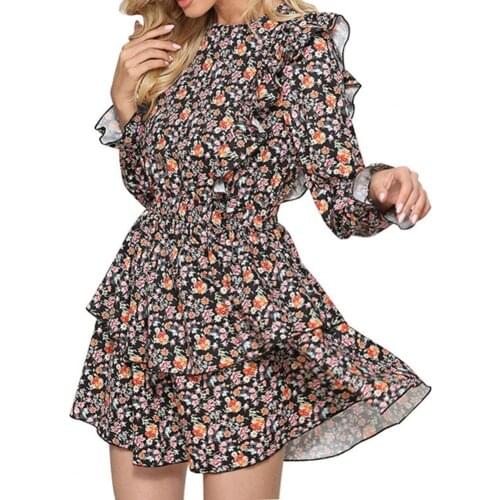 Mini Dresses for Women 2021 Fashion O Neck Floral Printed Flying Sleeve Layered Ruffle Elegant Office Ladies Dress Party