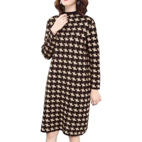 2019 Autumn New Pattern European Will Code Easy Thin Plover Grid Long Fund Rendering Knitting Dress