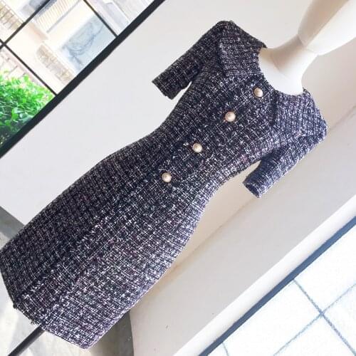 High quality 2020 spring summer celebrity women party tweed dresses OL female elegant short sleeve buttons knitted dress Y668