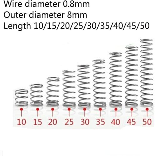 10pcs/lot Compression Spring 0.8mm 304 A2 Stainless Steel Small Micro Wire Diameter 0.8mm Outer Diameter 8mm Length 10-50mm