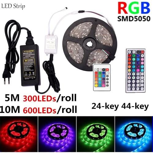 12V Led Light Strip 5M 300LEDs/roll SMD 5050 RGB Lights Waterproof Flexible Neon Lamp Colorful Discoloration IR24/44-key Control