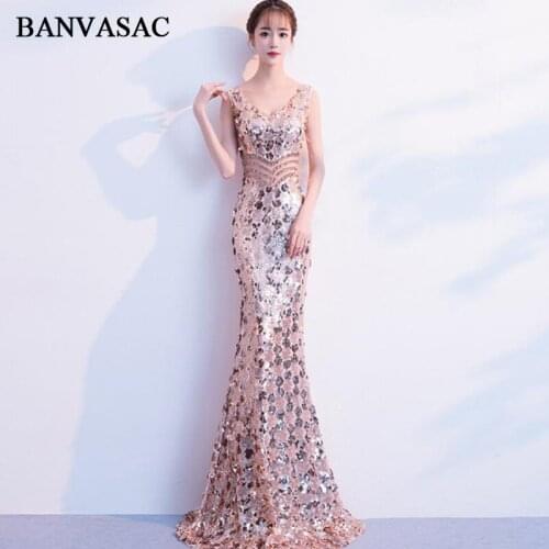 BANVASAC 2019 V Neck Sequined Mermaid Long Evening Dresses Elegant Party Lace Hollow Out Crystal Backless Prom Gowns