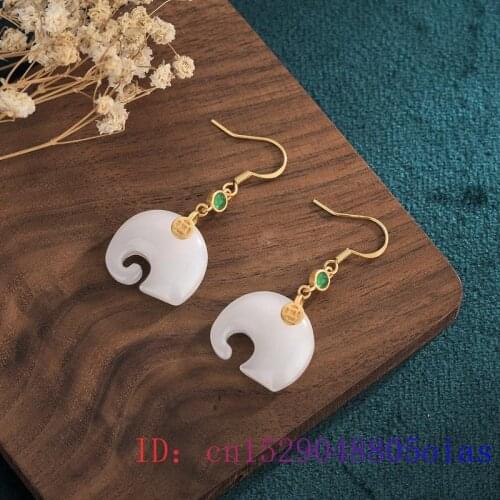 White Jade Elephant Earring Jewelry Fashion Crystal Women Amulet Charm Zircon 925 Silver Gifts Gemstone Chalcedony Natural