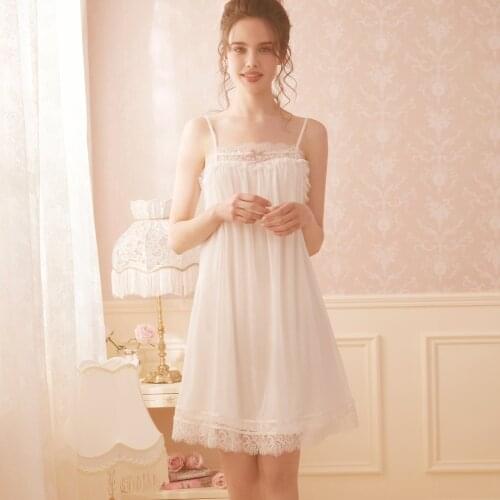 Free Shipping 2021 New Summer Womens Nightgown Modal and Cotton Nightshirt Short Pijamas Beauty White Girl Stap Lace Slip