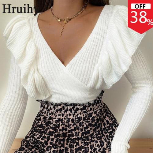 Womens Blouse V Neck Ruffles Long Sleeve Casual Fashion Elegant Knit Shirt Women Office Party Club Chic Korean Clothes White