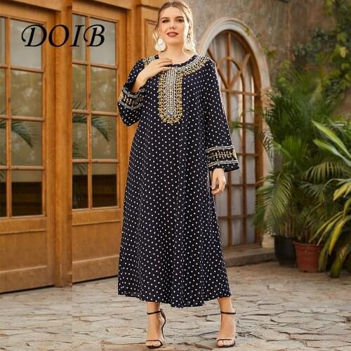 DOIB Women Polk Dot Emboridery Robe Arabic Muslim Abaya Dubai Dress Moroccan Kaftan Robe 2021 Fall Turkish Islamic Jalabiya