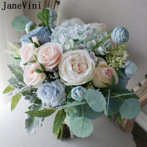 JaneVini Oil Painting Style Light Blue Champagne Flowers Bridal Bouquet Artificial Silk Rose Vintage Wedding Bouquet Charm 2020