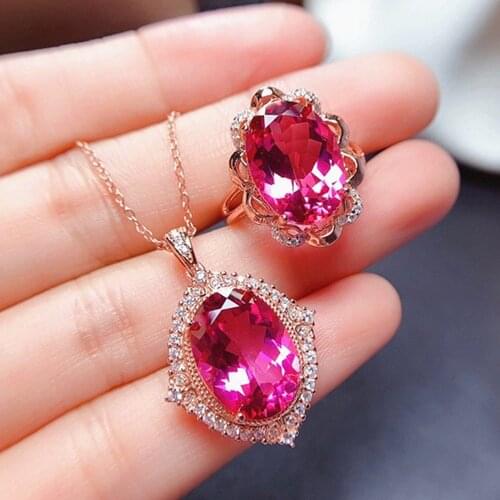 Luxury Red Crystal Ruby Agate Gemstones Diamonds Rings Pendant Necklaces 18k Rose Gold Filled Jewelry Sets for Women Accessories