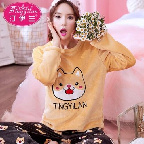 Lady Coral Fleece Pajamas Long Sleeves Cute Nightwear Version Large Size Loose and Thick Falanrongs Homewear Suit 2pcs D-1084