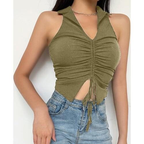 Summer Womens Sexy Solid Colors Sleeveless Tanks Tops Drawstring Y2k Party Club Lapel Sleeveless Crop Tops Camiseta Tirantes
