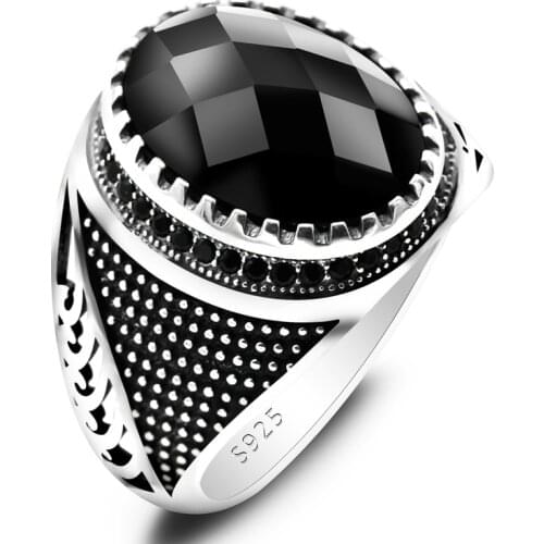 New S925 Sterling Silver Natural Black Zircon Spinel Mens Ring Turkey Gemstone Ring Mens Jewelry