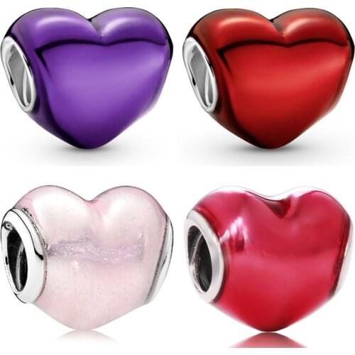 Real Pink Enamel In My Love Metallic Red & Purple Heart Beads 925 Sterling Silver Charm Fit Europe Bracelet Diy Jewelry