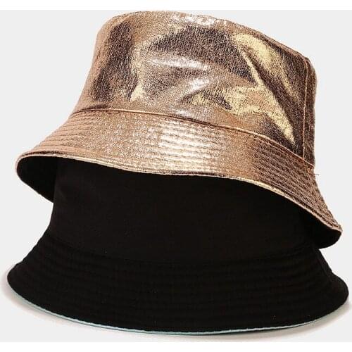 New Lacquered Leather Mens Bucekt Hat Creative Foldable Fisherman Hat Womens Double-sided Panama Outdoor Sun Protection Cap