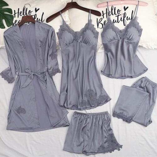 New Gray Womens M-XXL 5PC Strap Top Pants Suit Pajamas Sleepwear Sets Spring Autumn Home Wear Nightwear Kimono Robe Bath Gown