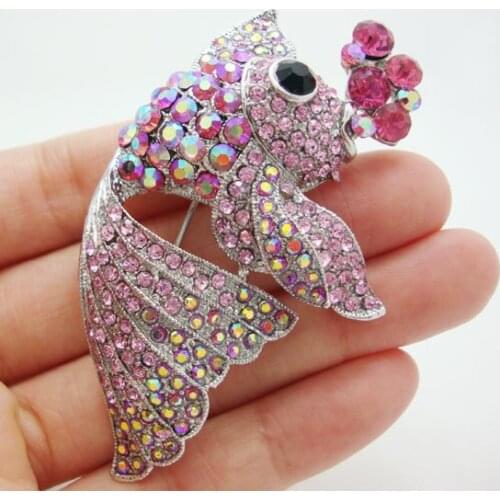 Pretty Nagao Fish Pink Rhinestone Crystal Silver-plated Art Nouveau Sweet Girl Jewelry Brooch Pin