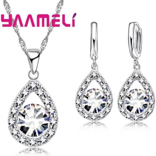 Clear African AAA Crystal Water Drop Shape Necklace Earrings for Women 925 Sterling Silver Wedding Jewelry Sets