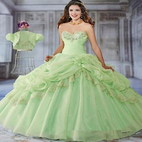 Luxury Green Quinceanera Dresses With Floral Ball Gown Fluffy Organza Ruffles Sweet 15 Dress Prom Wear Vestidos De Quinceañera