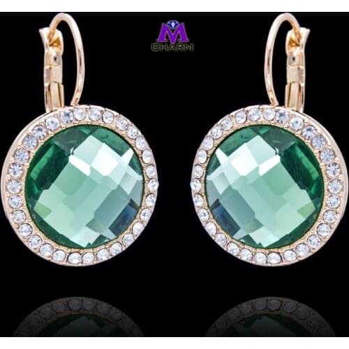 Italina Arrival,Real Gold Plated Austrian CZ Zircon And Big Round Olive-green Crystal Jewelry Drop Earrings For Women And Girl