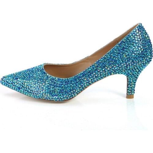 Blue Rhinestone Wedding Dress Shoes Prom Party Formal Dress Shoes Crystal Women Shoes Pointed Toe Rhinestone Cinderella Pumps