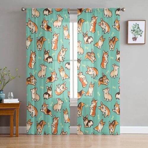 Corgi Animal Pet Green Window Curtains for Living Room Kitchen Door Curtain Sheer Curtains for Bedroom