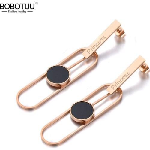 BOBOTUU Hiphop/Rock Stainless Steel Geometric Dangle Earrings Trendy Black Acrylic & White Shell Drop Earrings For Women BE19257