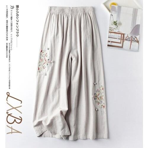 2021 New Arrival Summer Women Cotton Linen Ankle-length Pants Casual Loose Elastic Waist Floral Embroidery Wide Leg Pants T18