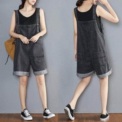 Retro Washed Streetwear New Look Thin Korean Denim Overalls Women Loose Jeans Casual Pocket Five-point Jumpsuit Bib Shorts Pants