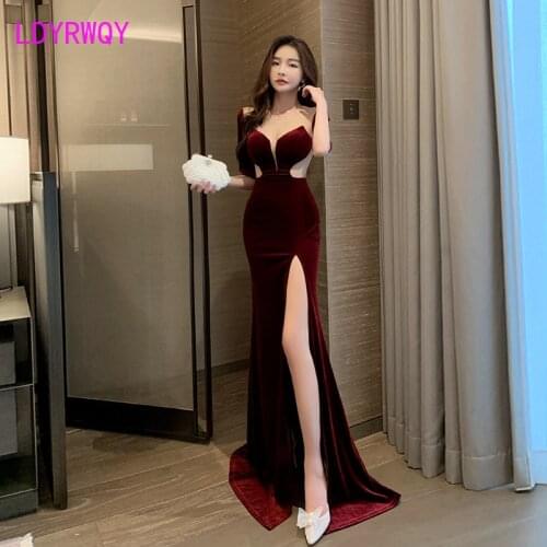 LDYRWQY Sexy low-cut velvet see-through dress temperament halter high-slit mopping floor female long skirt car model