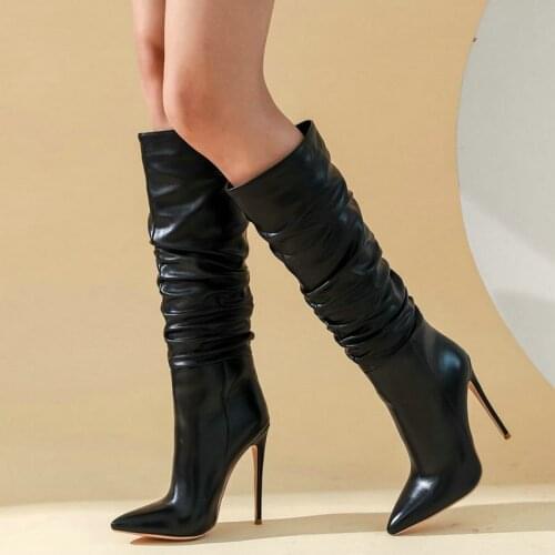Winter Warm Women Shoes Fashion Folds Super High Heel Knee High Boots Sexy Stiletto Pointed Toe Boots Autumn High Heel Boots